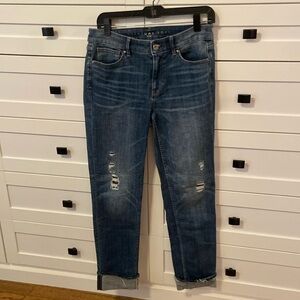 WHBM distressed with black and gold and cuffed hem. Esc cond